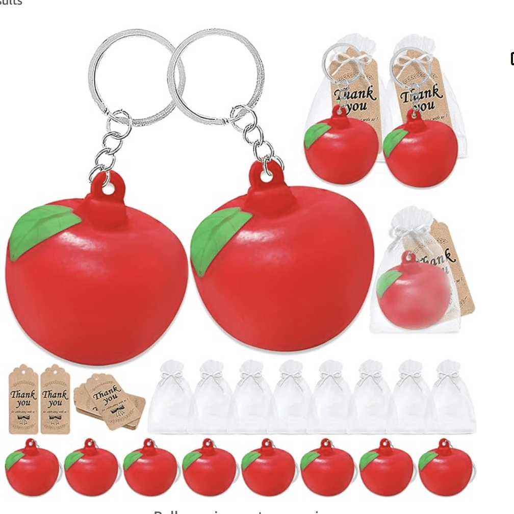 36 Pack Soft Apple Party Favor with 12 Keychains, 12 Tags and 12 Gift Bags for Carnival Reward, Happy 1st Birthday, Summer Party, Back to School Decoration,Stress Relieve Gift